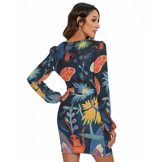 All-Over Print Women's Long Sleeve Dress With Waist Belt