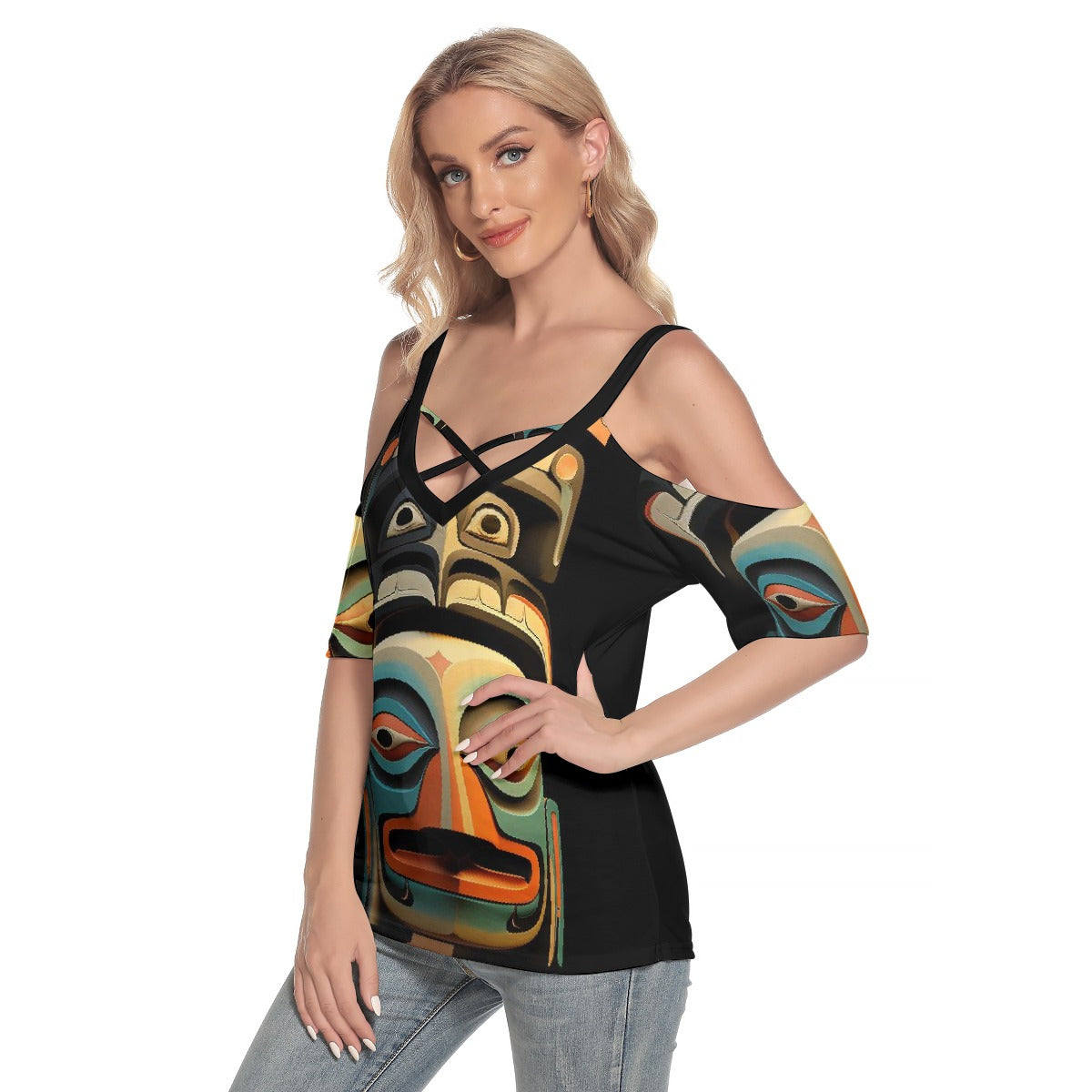 All-Over Print Women's Cold Shoulder T-shirt With Criss Cross Strips