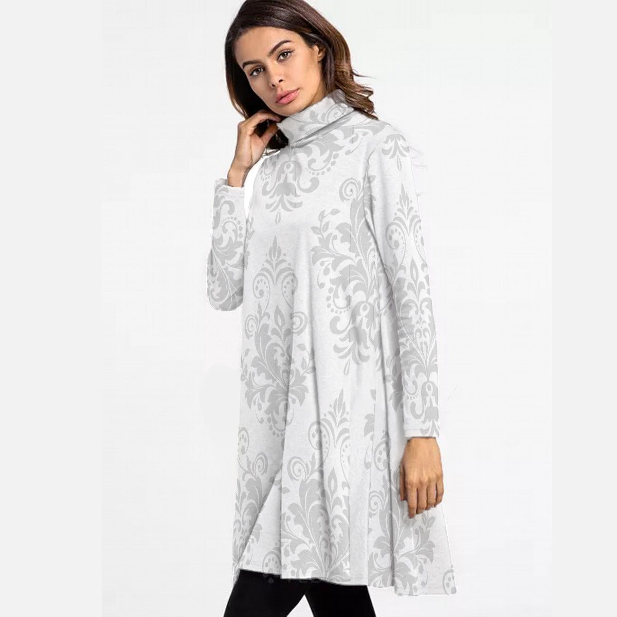 All-Over Print Women's High Neck Dress With Long Sleeve