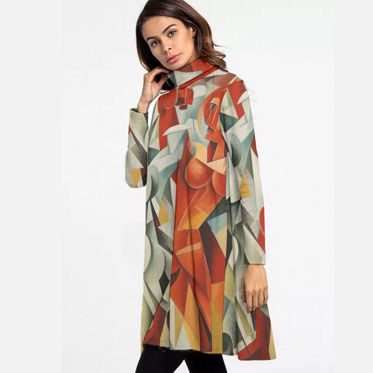 All-Over Print Women's High Neck Dress With Long Sleeve