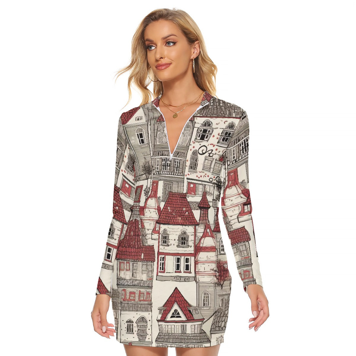 All-Over Print Women's Zip Front Tight Dress