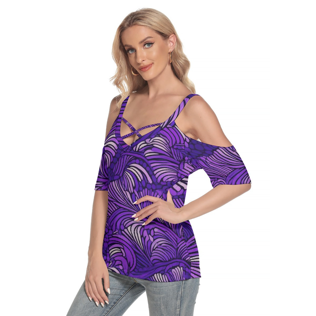 All-Over Print Women's Cold Shoulder T-shirt With Criss Cross Strips