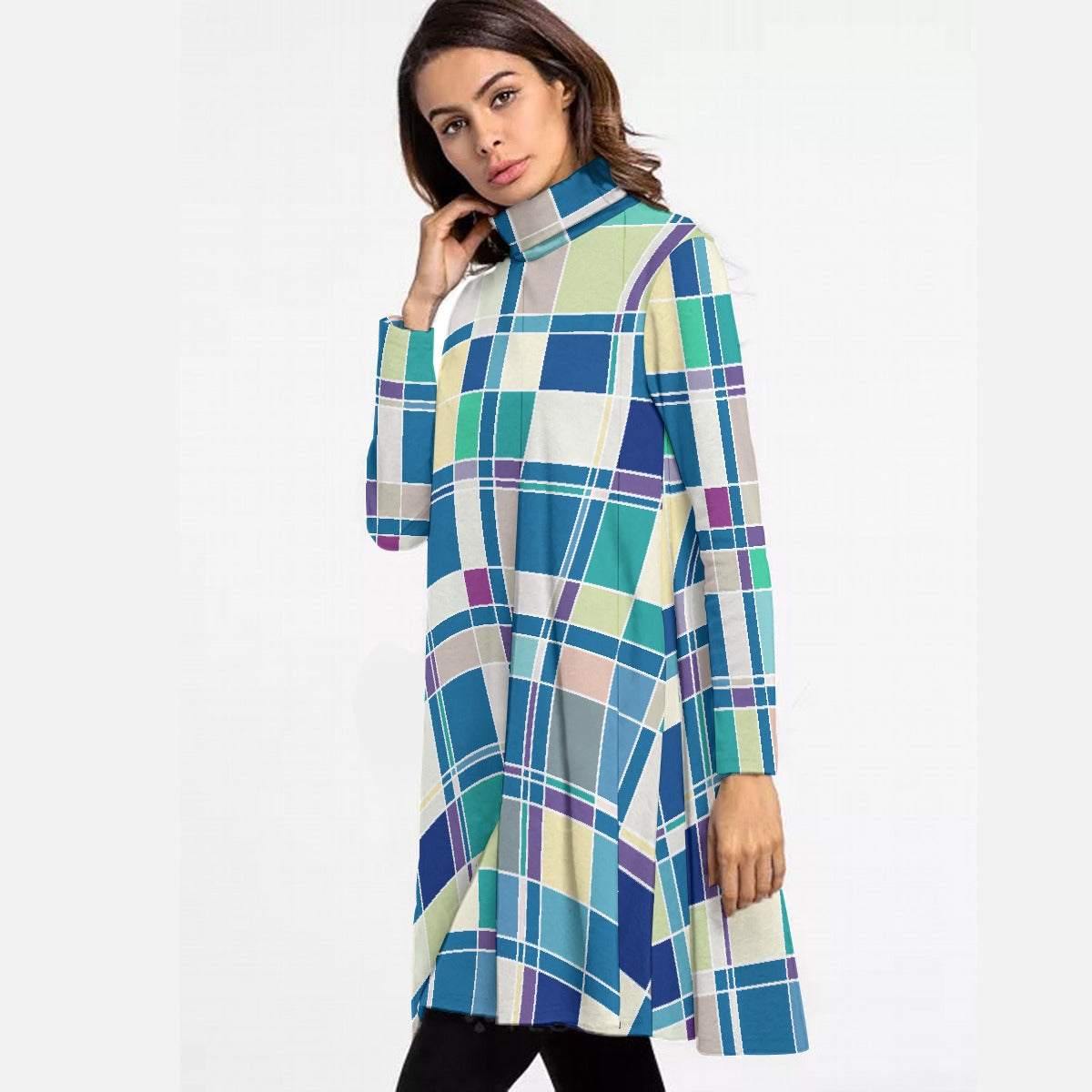 All-Over Print Women's High Neck Dress With Long Sleeve