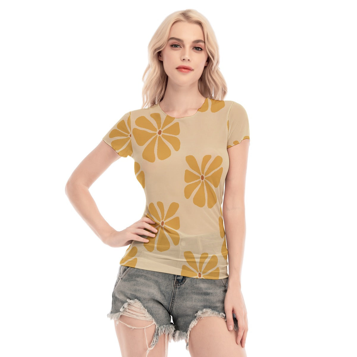 All-Over Print Women's Short Sleeve Mesh Blouse