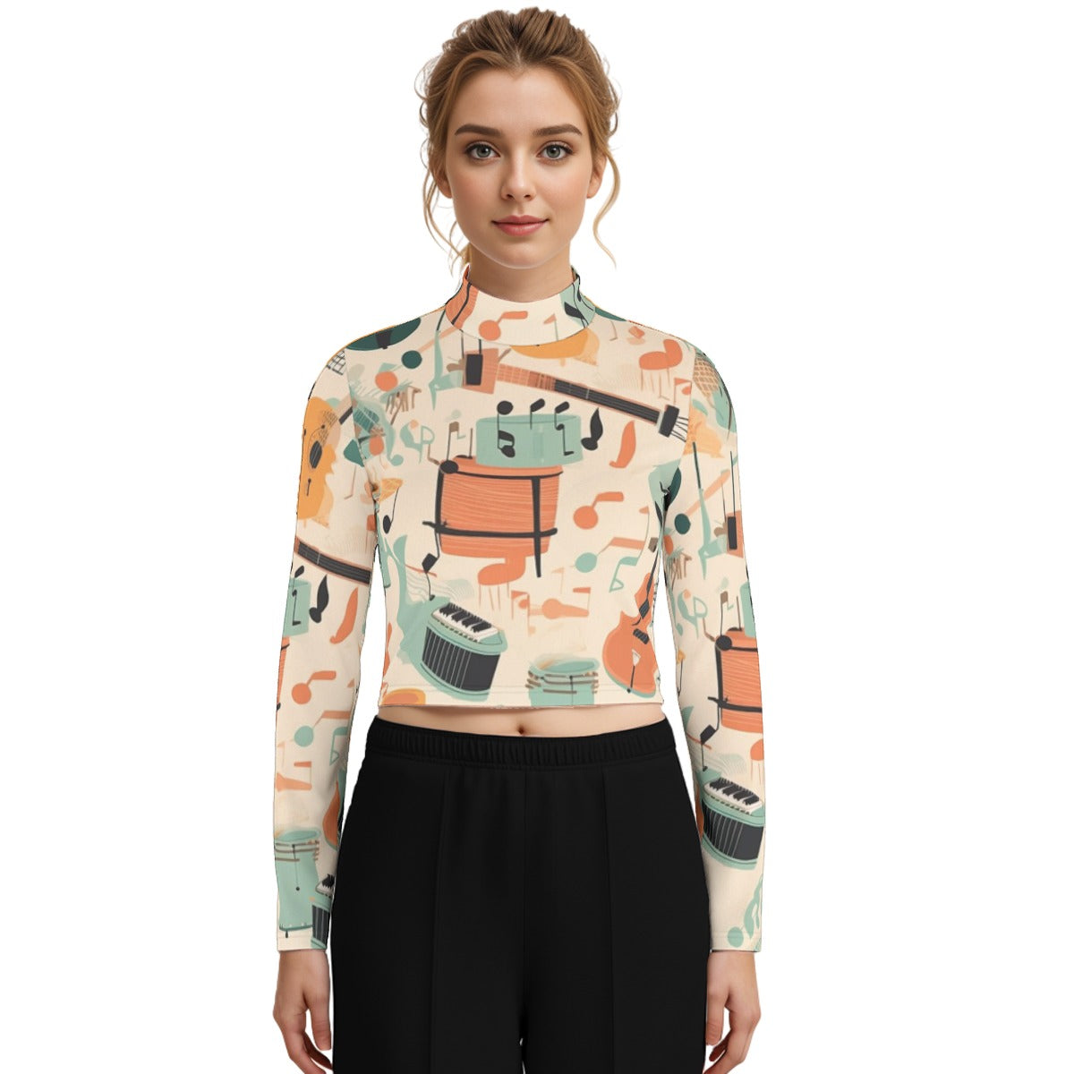 Eco-Friendly All-Over Print Women's Turtleneck T-shirt With Long Sleeve