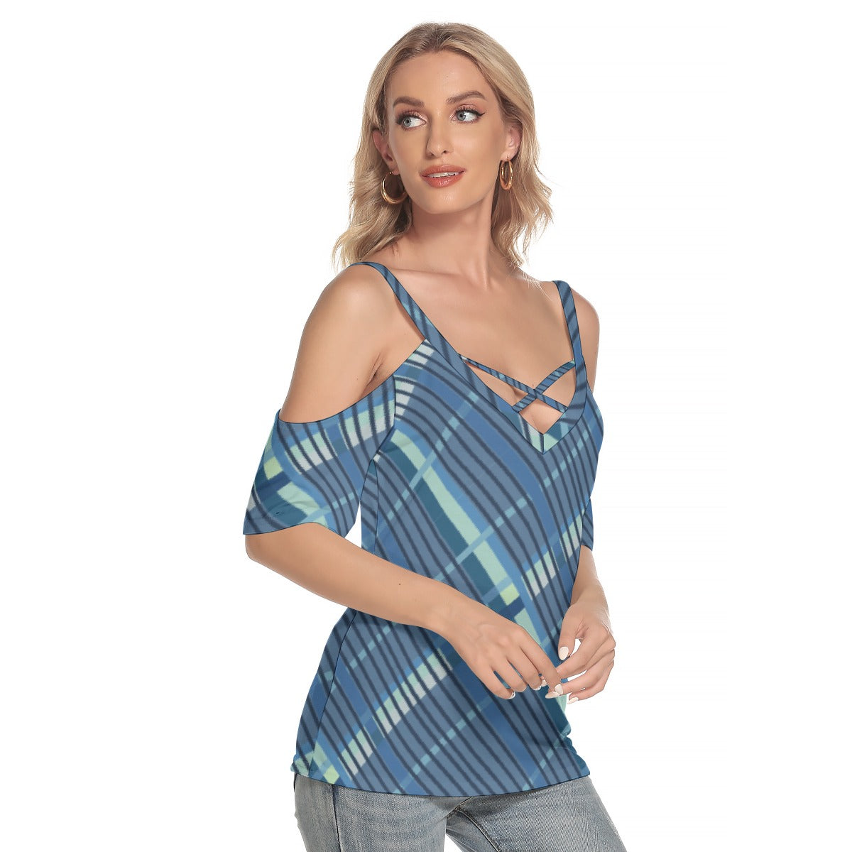 All-Over Print Women's Cold Shoulder T-shirt With Criss Cross Strips