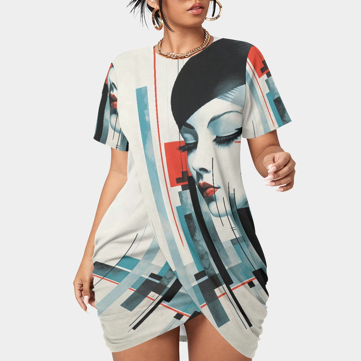 All-Over Print Women’s Stacked Hem Dress With Short Sleeve（Plus Size）