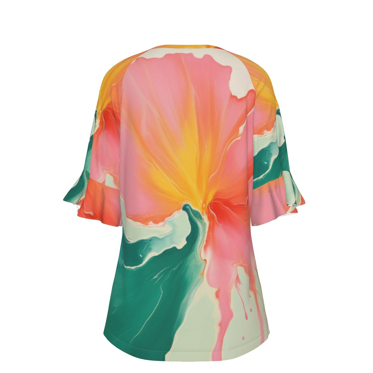 All-Over Print V-neck Women's T-shirt With Bell Sleeve