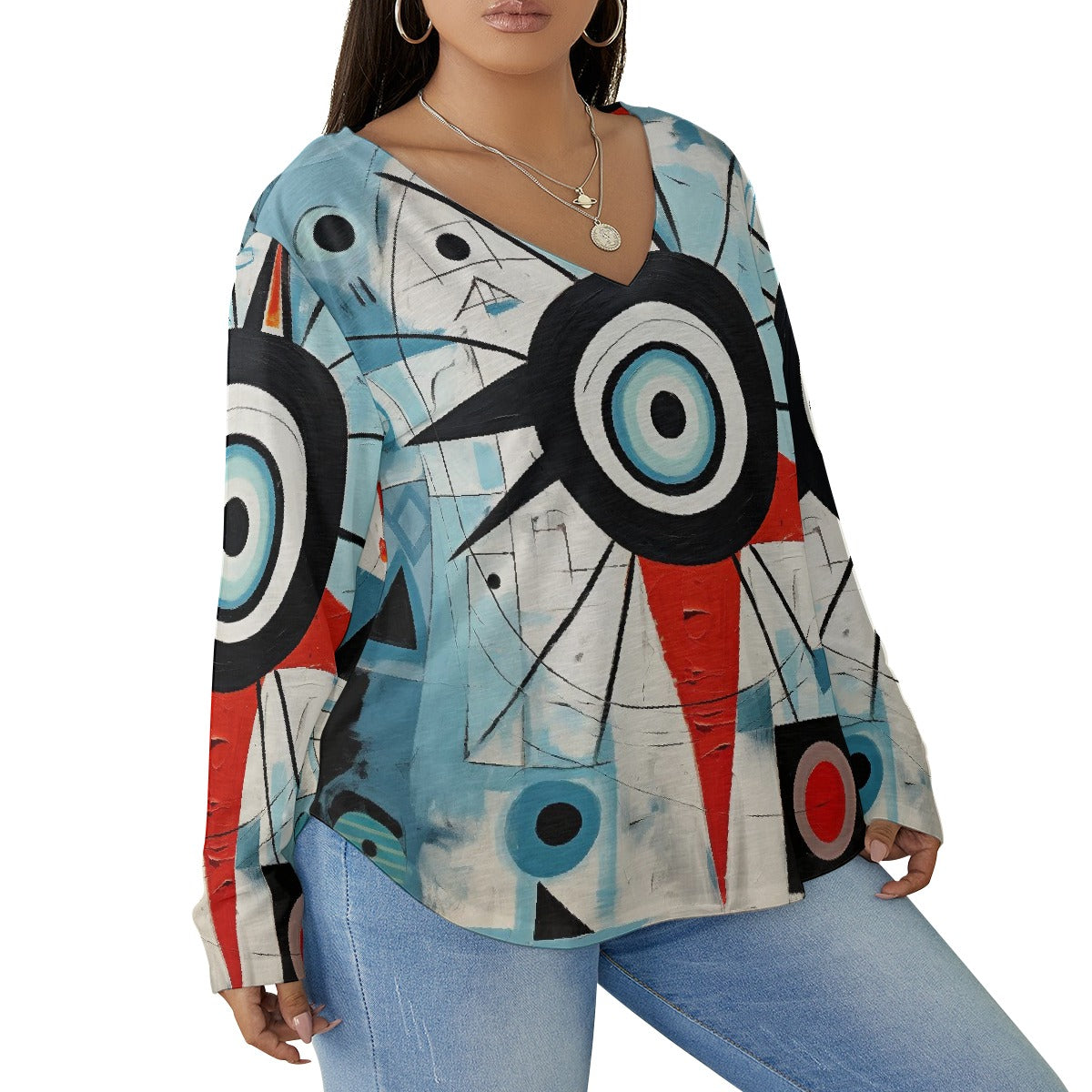 All-Over Print Women's V-neck T-shirt With Curved Hem(Plus Size)