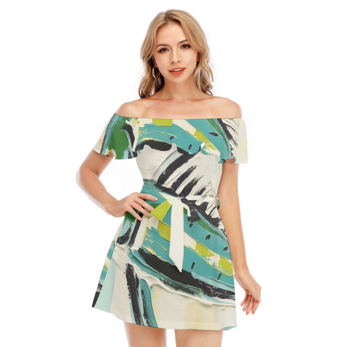 All-Over Print Women's Off-shoulder Dress With Ruffle