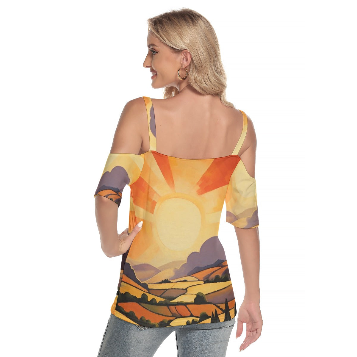 All-Over Print Women's Cold Shoulder T-shirt With Criss Cross Strips