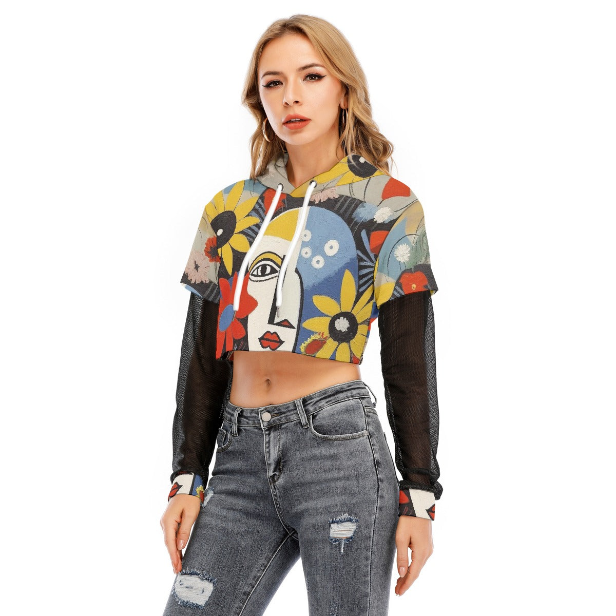 All-Over Print Women's Fake Two-piece Mesh Sleeve Cropped Hoodie