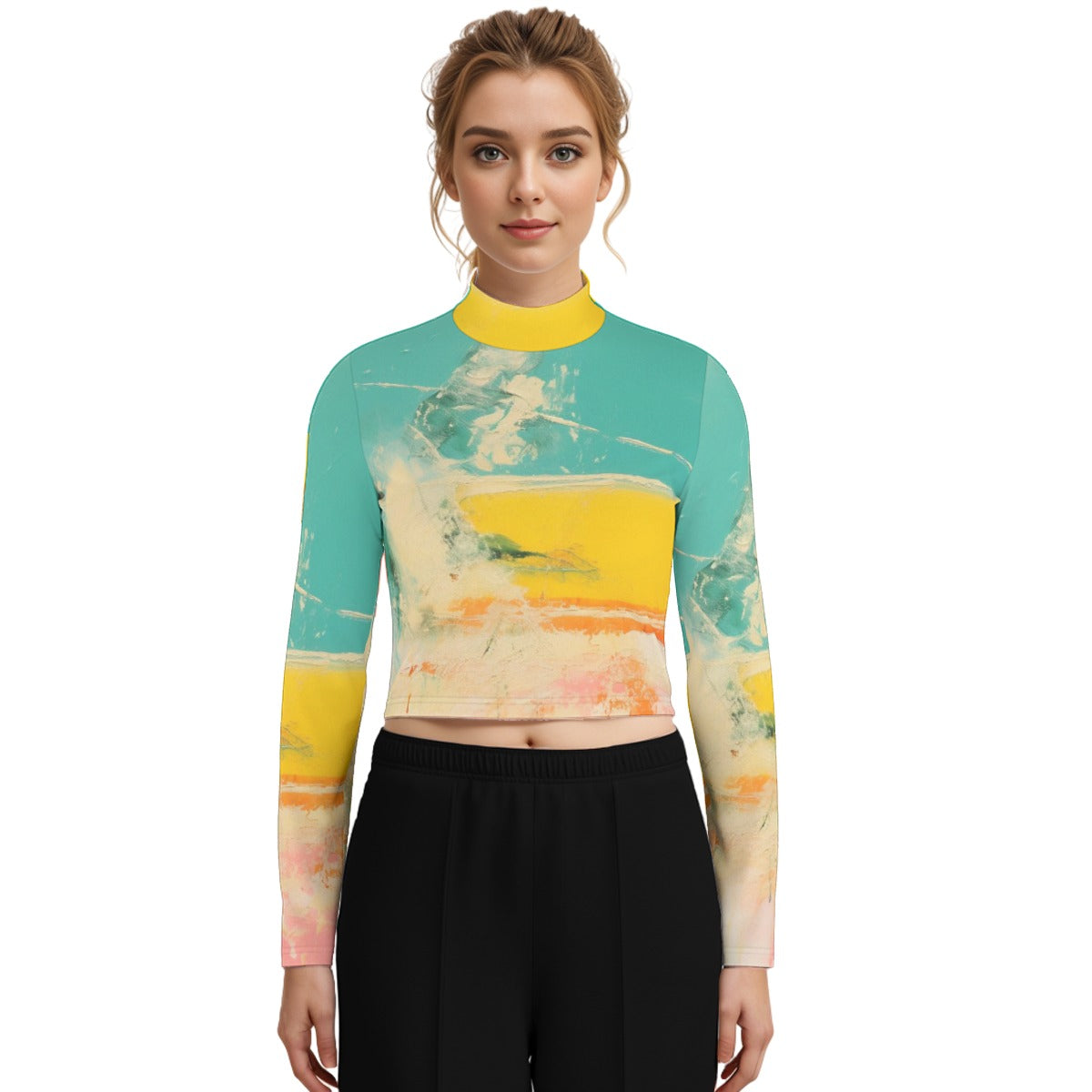 Eco-Friendly All-Over Print Women's Turtleneck T-shirt With Long Sleeve