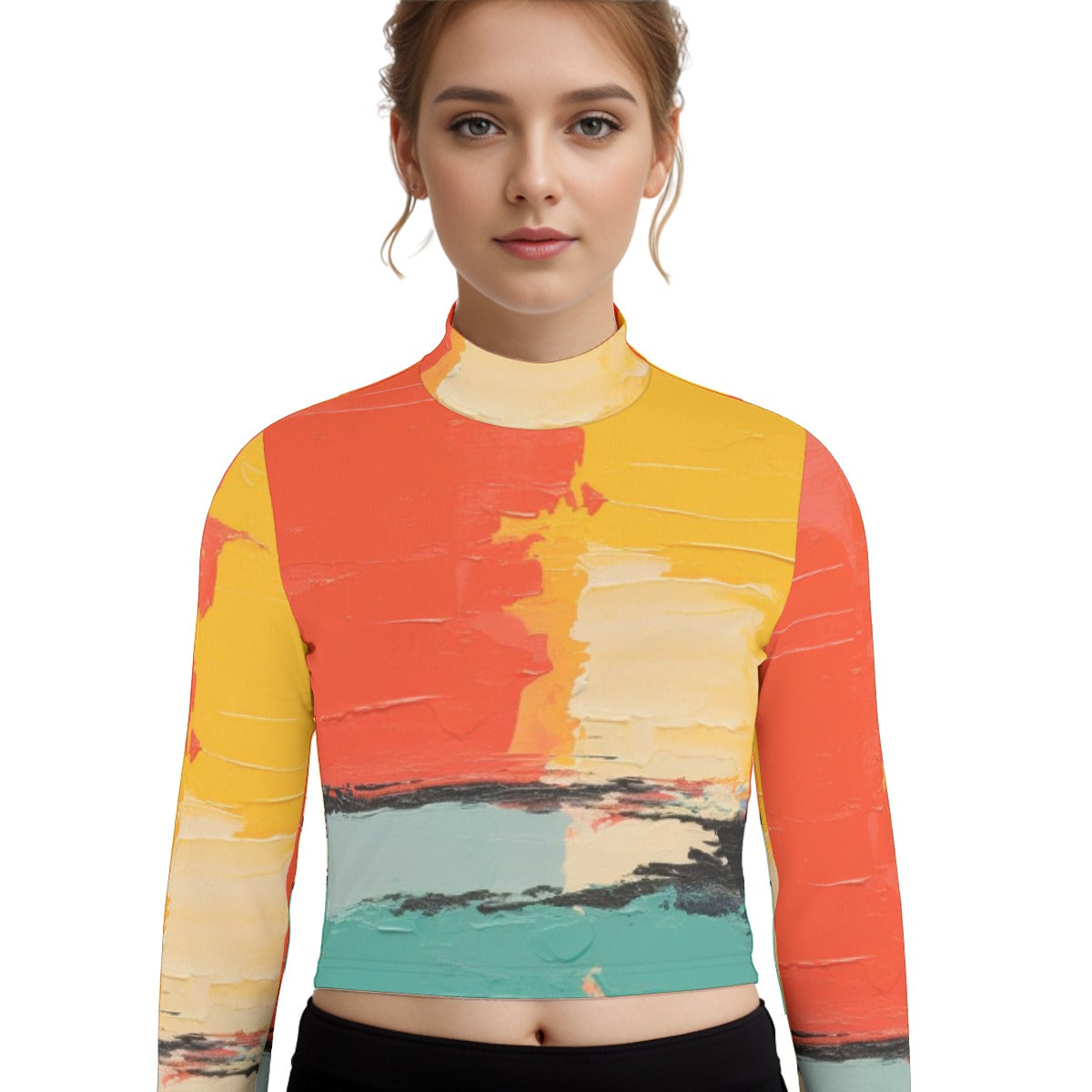 Eco-Friendly All-Over Print Women's Turtleneck T-shirt With Long Sleeve