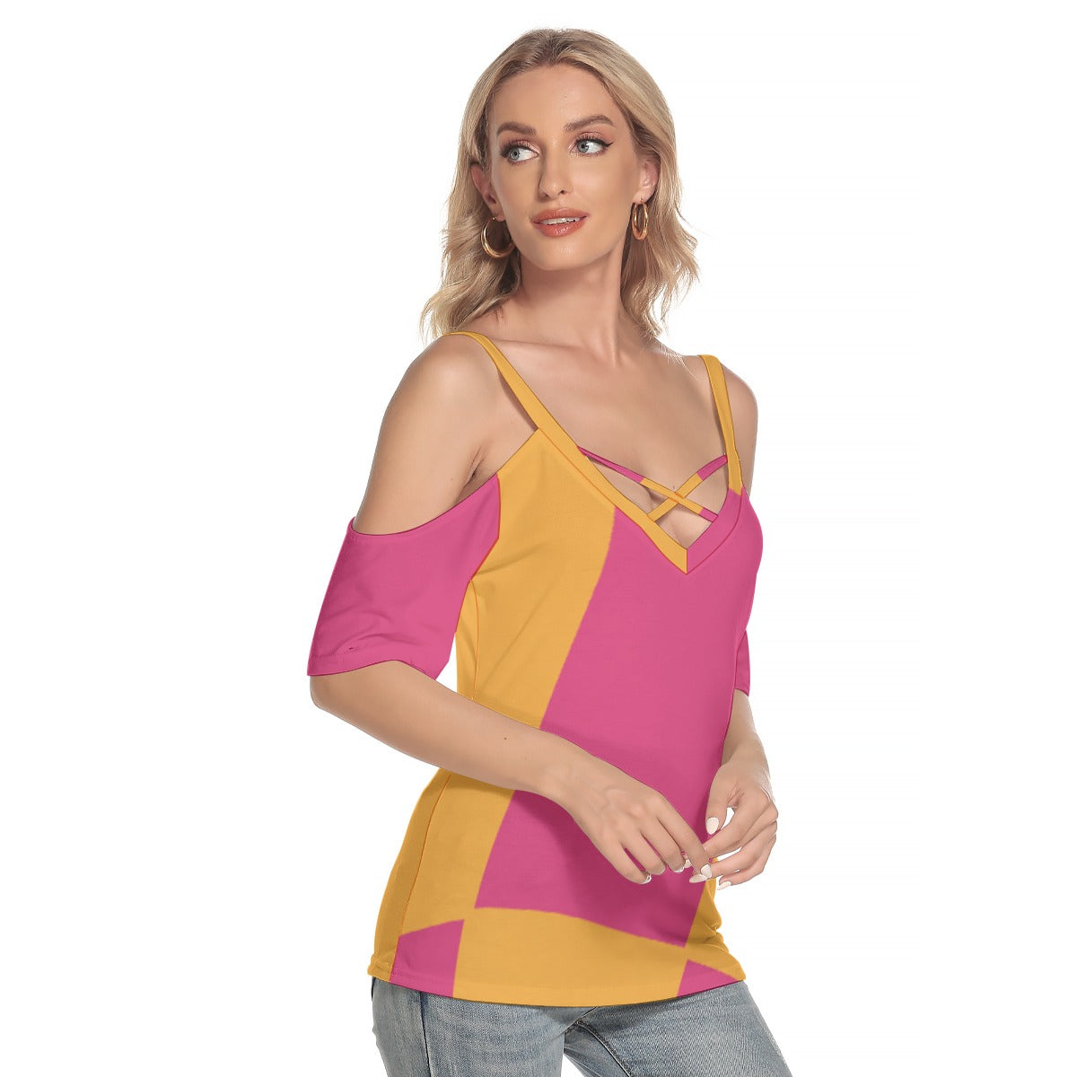 All-Over Print Women's Cold Shoulder T-shirt With Criss Cross Strips