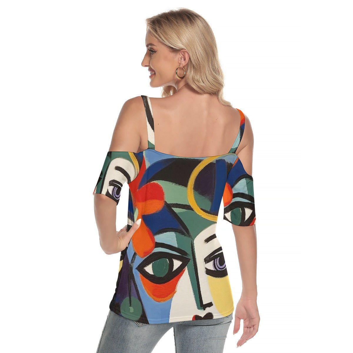 All-Over Print Women's Cold Shoulder T-shirt With Criss Cross Strips