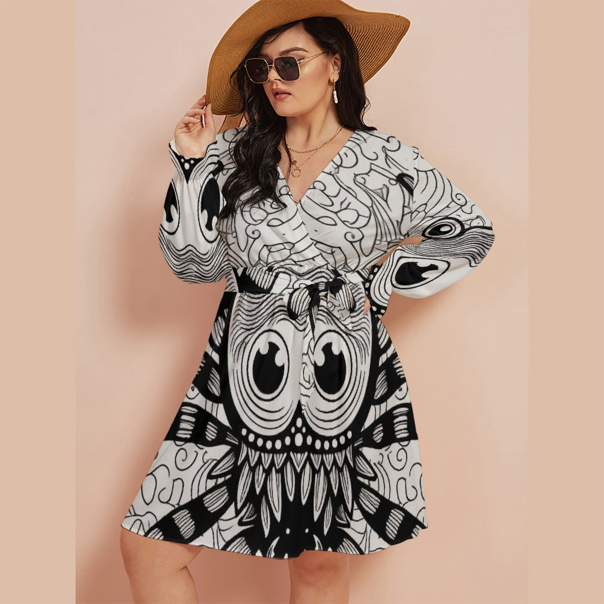 All-Over Print Women's V-neck Dress With Waistband(Plus Size)