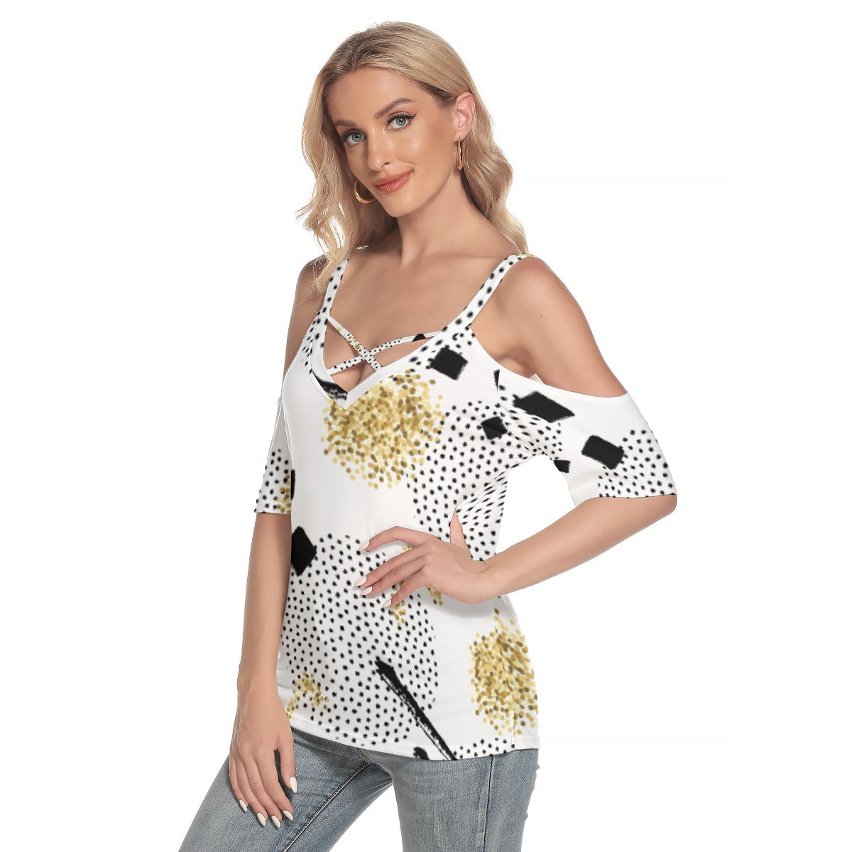 All-Over Print Women's Cold Shoulder T-shirt With Criss Cross Strips