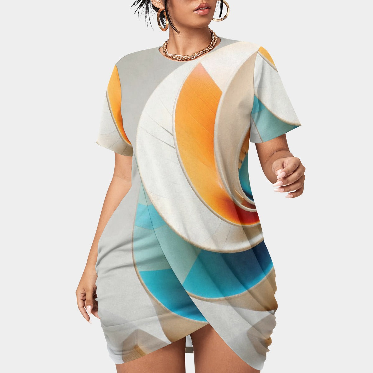 All-Over Print Women’s Stacked Hem Dress With Short Sleeve（Plus Size）