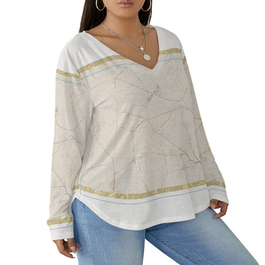 All-Over Print Women's V-neck T-shirt With Curved Hem(Plus Size)