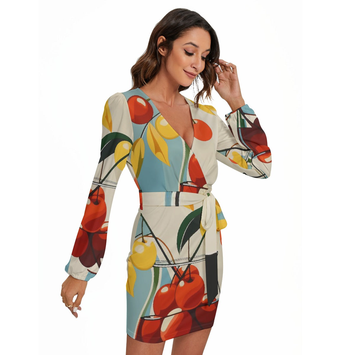 All-Over Print Women's Long Sleeve Dress With Waist Belt