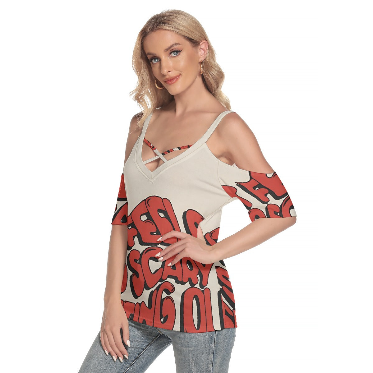 All-Over Print Women's Cold Shoulder T-shirt With Criss Cross Strips