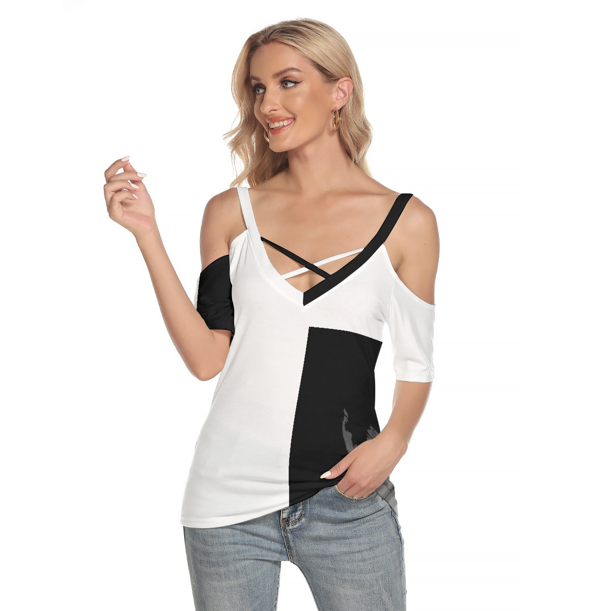 All-Over Print Women's Cold Shoulder T-shirt With Criss Cross Strips