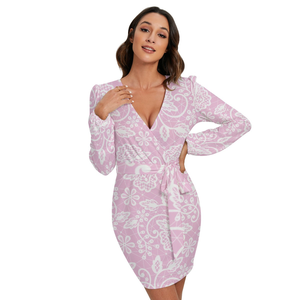 All-Over Print Women's Long Sleeve Dress With Waist Belt