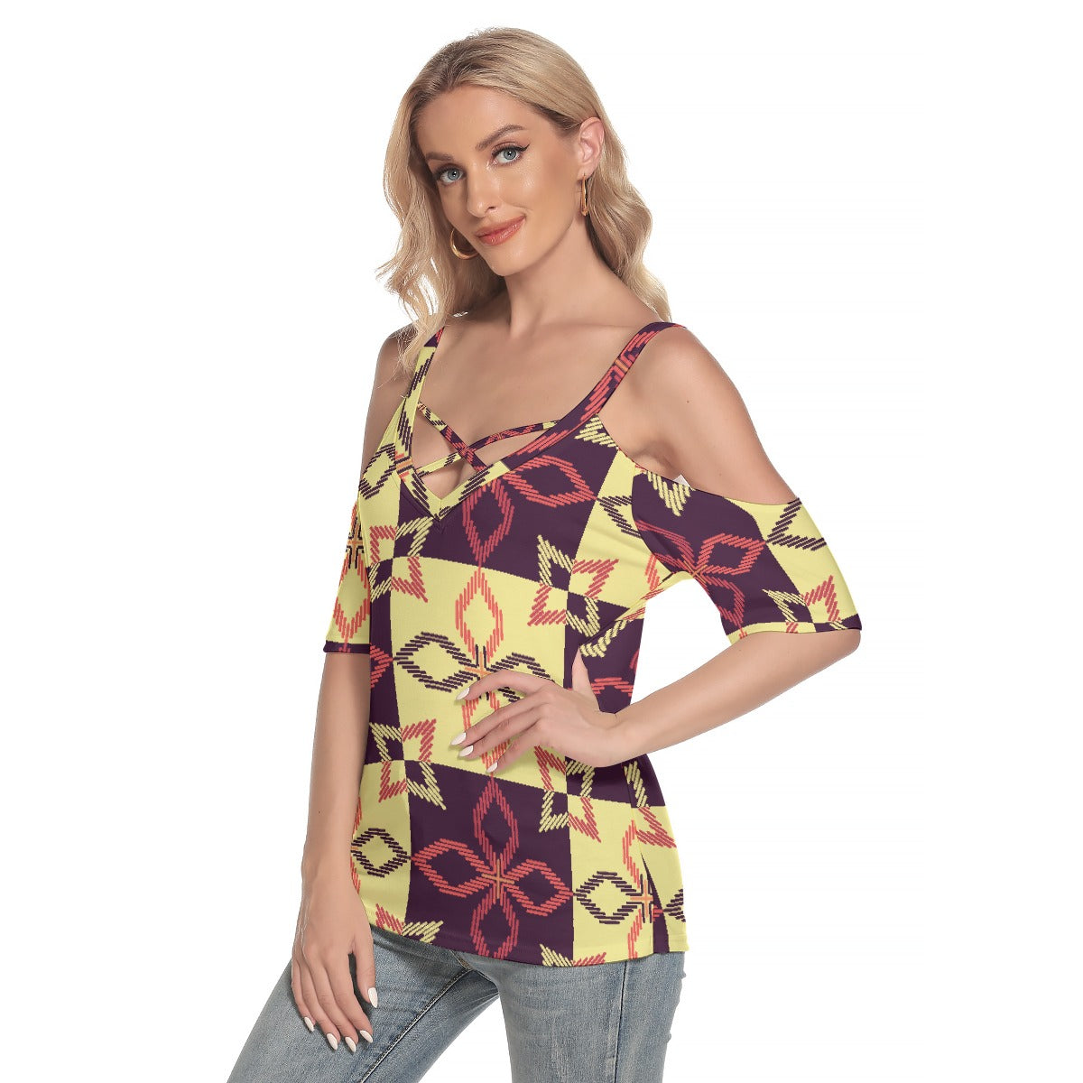 All-Over Print Women's Cold Shoulder T-shirt With Criss Cross Strips