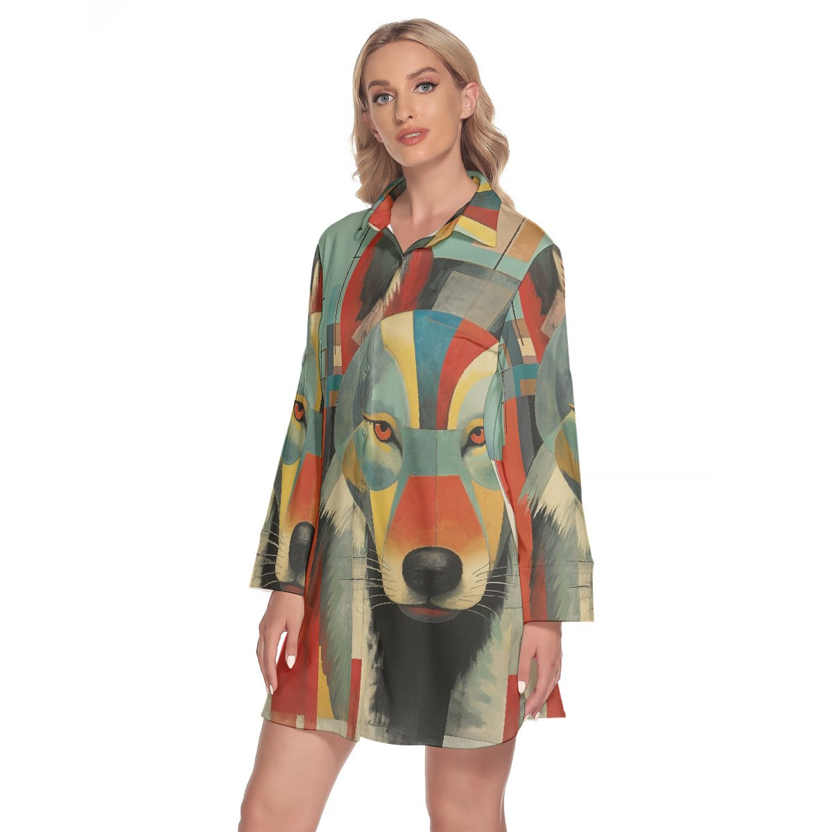 All-Over Print Women's Lapel Shirt Dress With Long Sleeve