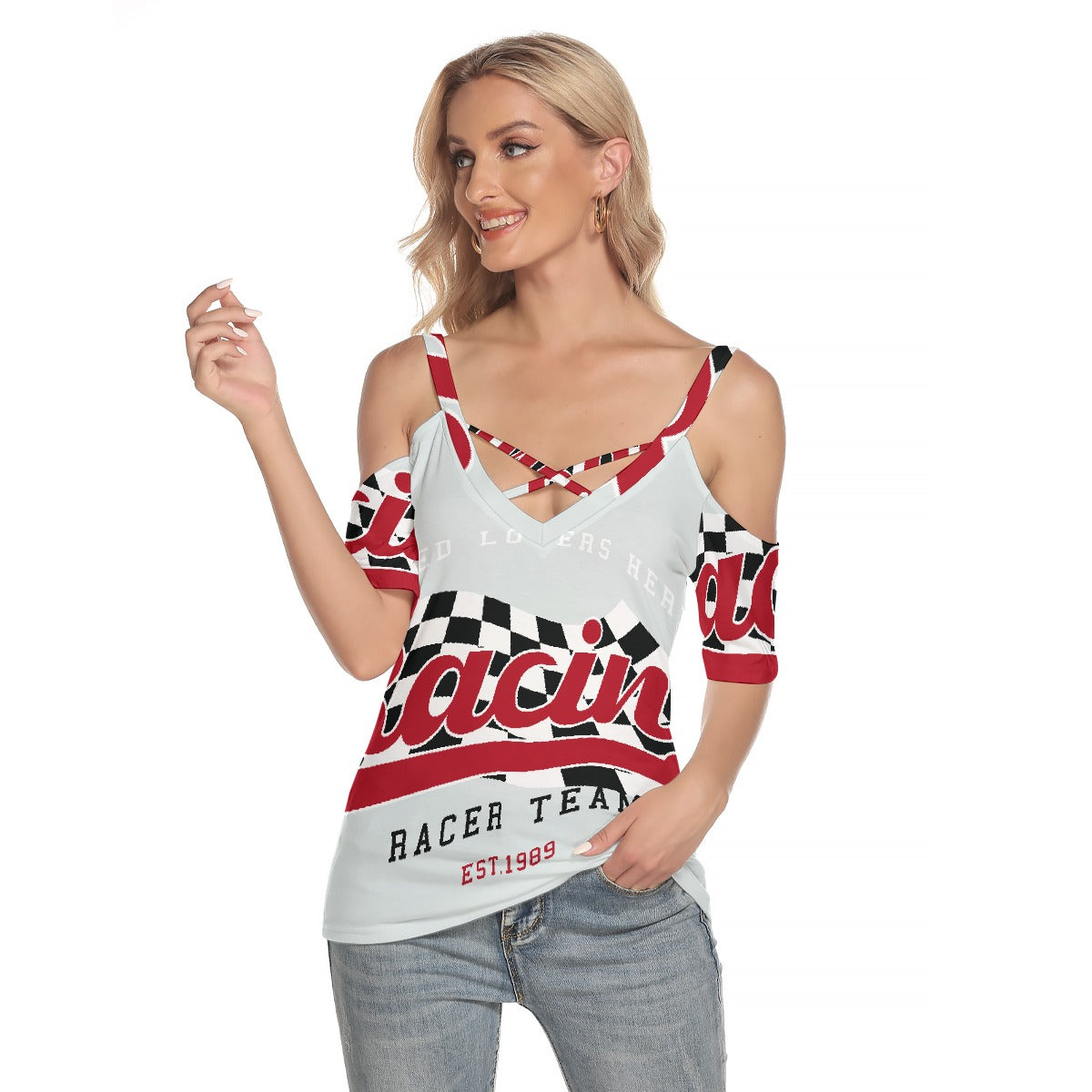 All-Over Print Women's Cold Shoulder T-shirt With Criss Cross Strips