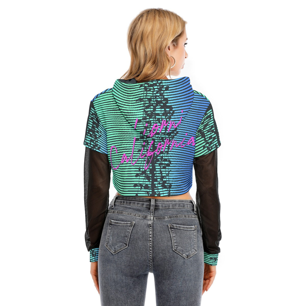 All-Over Print Women's Fake Two-piece Mesh Sleeve Cropped Hoodie