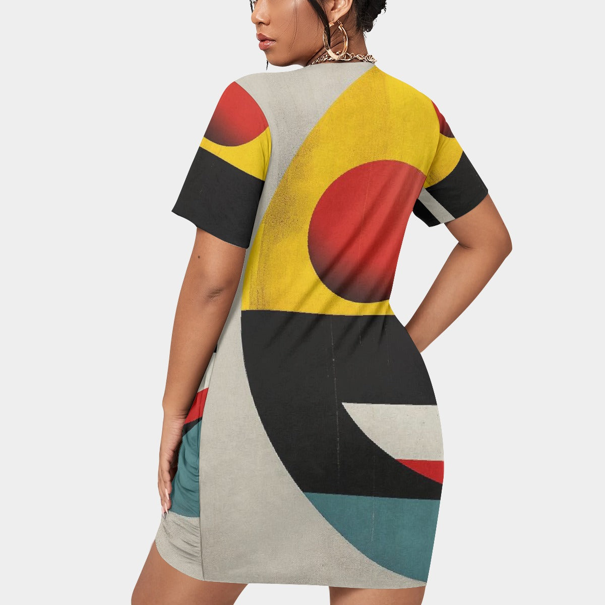 All-Over Print Women’s Stacked Hem Dress With Short Sleeve（Plus Size）