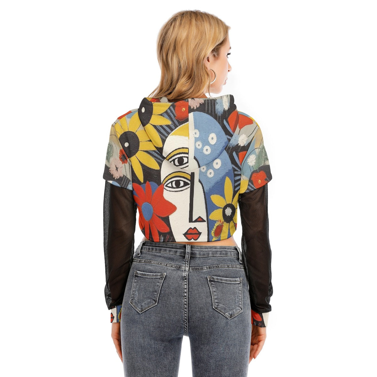 All-Over Print Women's Fake Two-piece Mesh Sleeve Cropped Hoodie