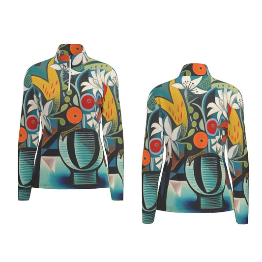 All-Over Print Women's Sports Collar Jersey With Long Sleeve