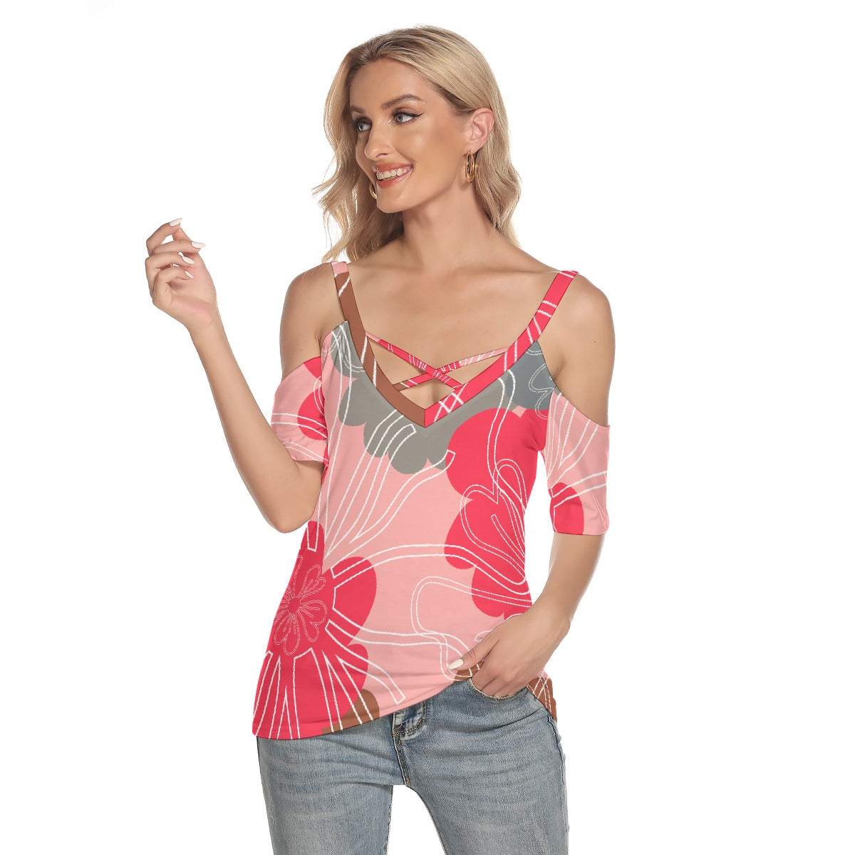 All-Over Print Women's Cold Shoulder T-shirt With Criss Cross Strips