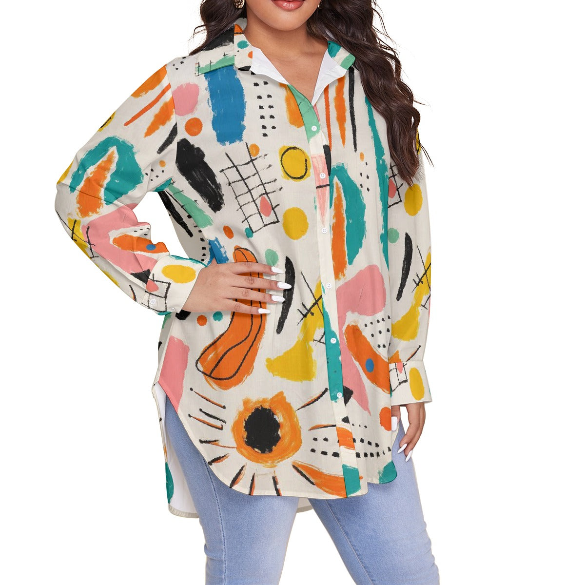 All-Over Print Women's Shirt With Long Sleeve(Plus Size)