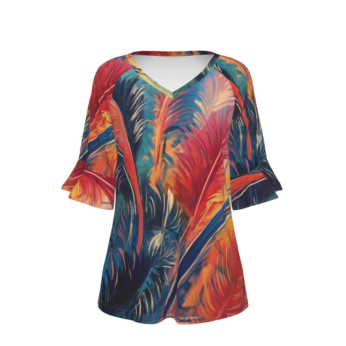 All-Over Print V-neck Women's T-shirt With Bell Sleeve