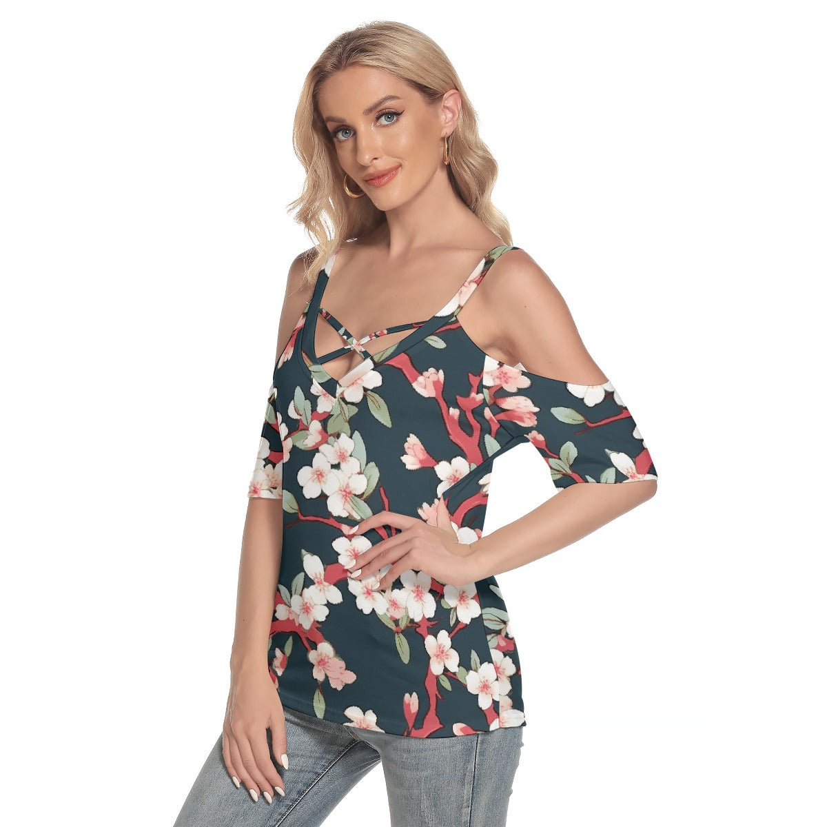 All-Over Print Women's Cold Shoulder T-shirt With Criss Cross Strips