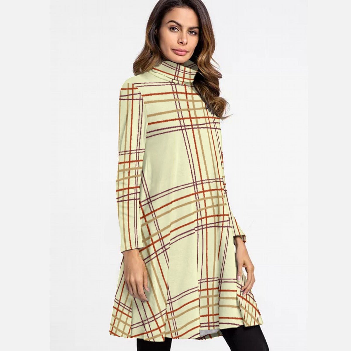 All-Over Print Women's High Neck Dress With Long Sleeve