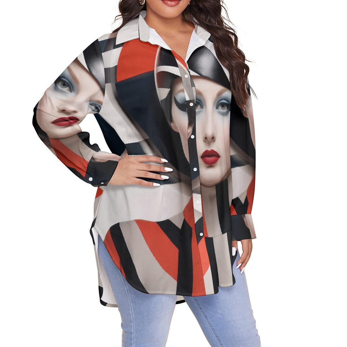 All-Over Print Women's Shirt With Long Sleeve(Plus Size)