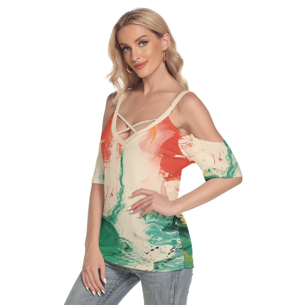 All-Over Print Women's Cold Shoulder T-shirt With Criss Cross Strips