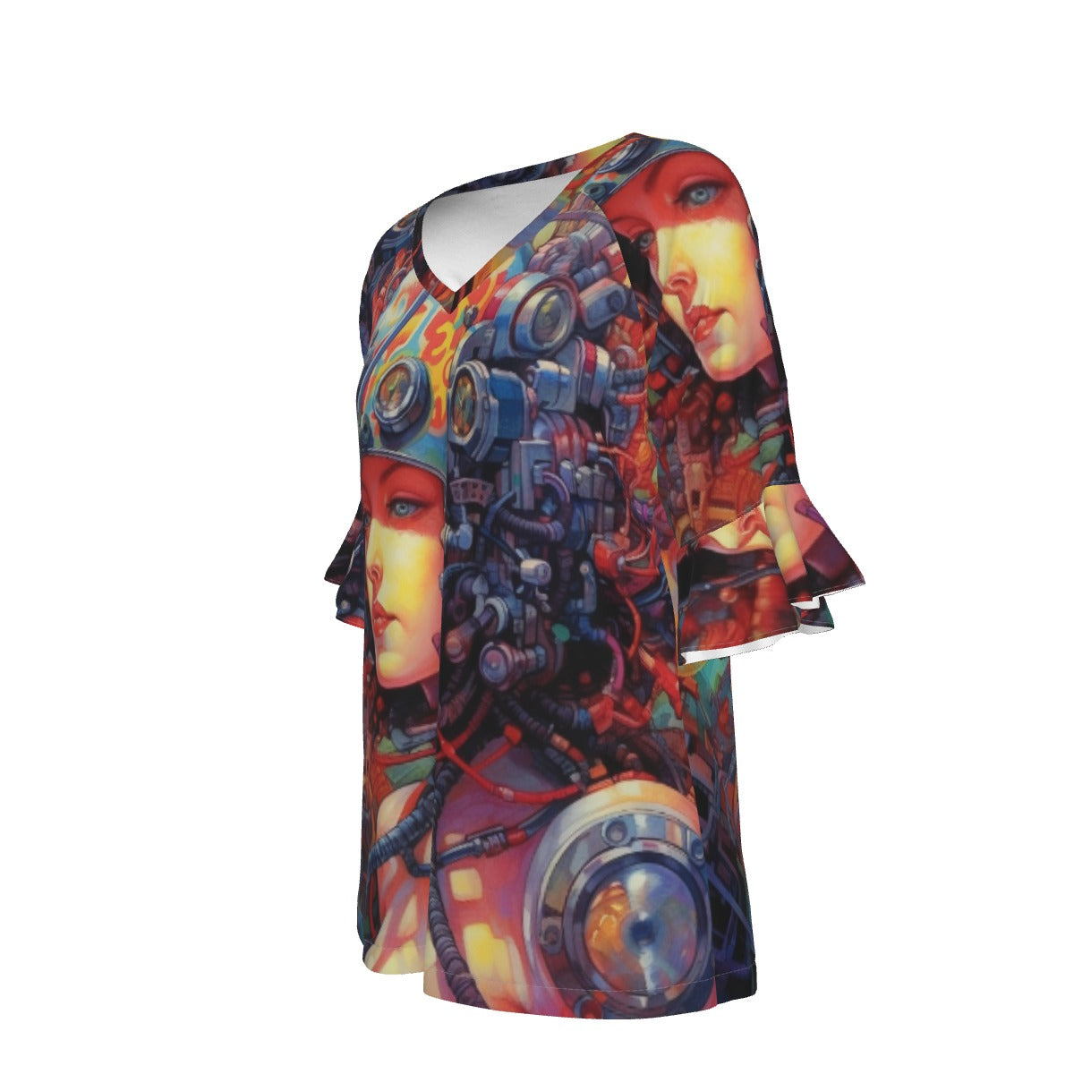 All-Over Print V-neck Women's T-shirt With Bell Sleeve