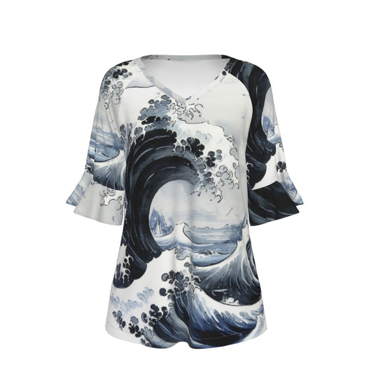 All-Over Print V-neck Women's T-shirt With Bell Sleeve