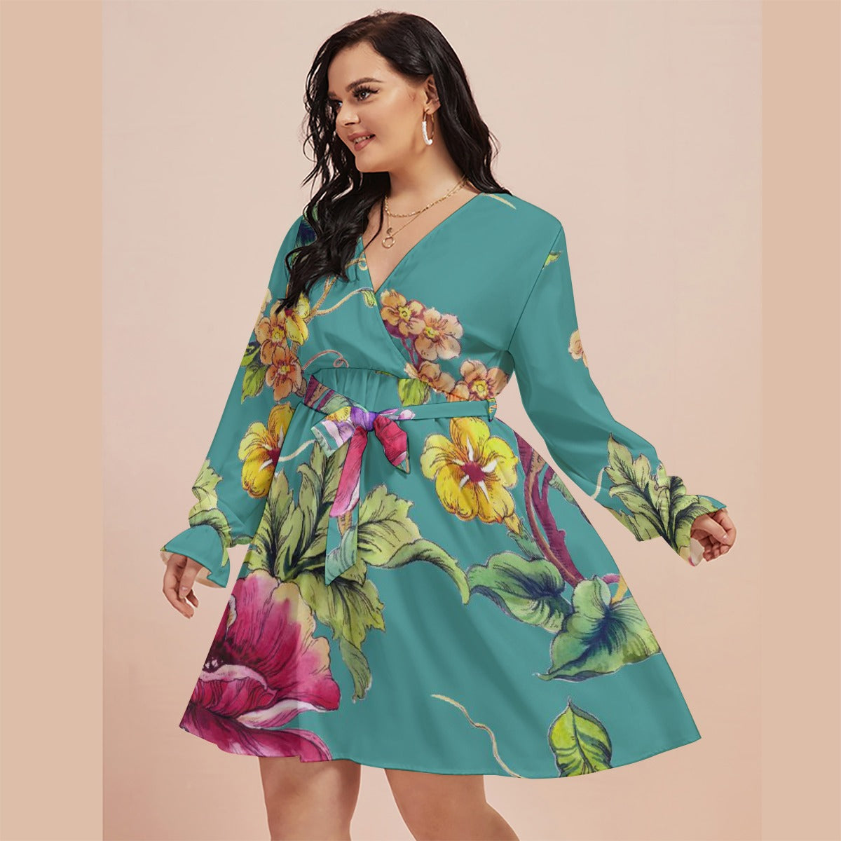 All-Over Print Women's V-neck Dress With Waistband(Plus Size)