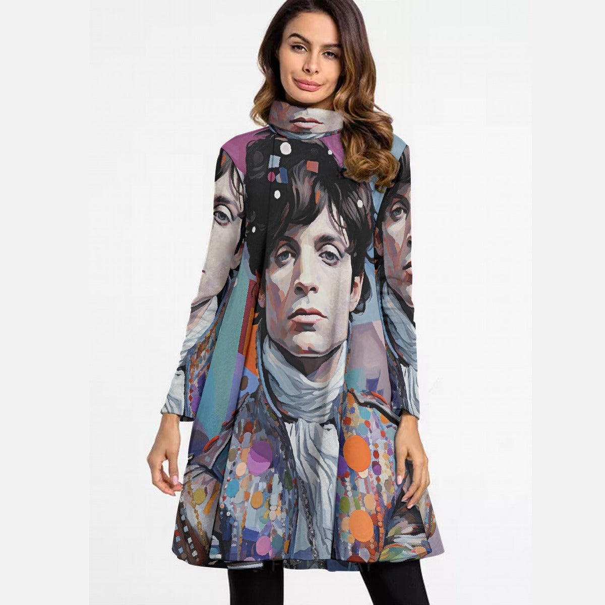 All-Over Print Women's High Neck Dress With Long Sleeve