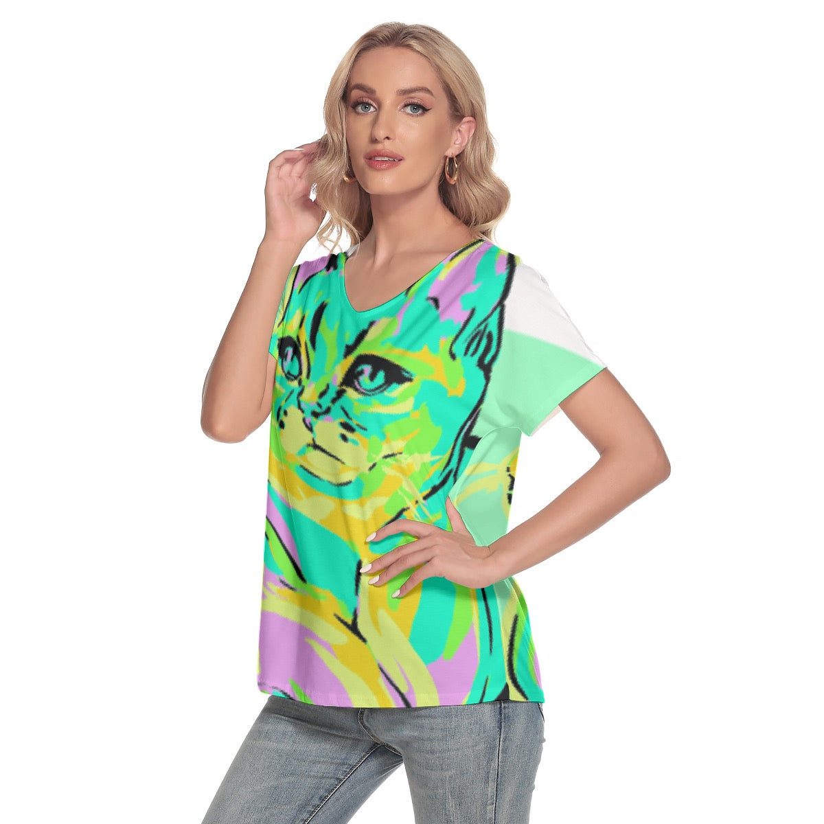 All-Over Print Women's Loose V-neck Short Sleeve T-shirt