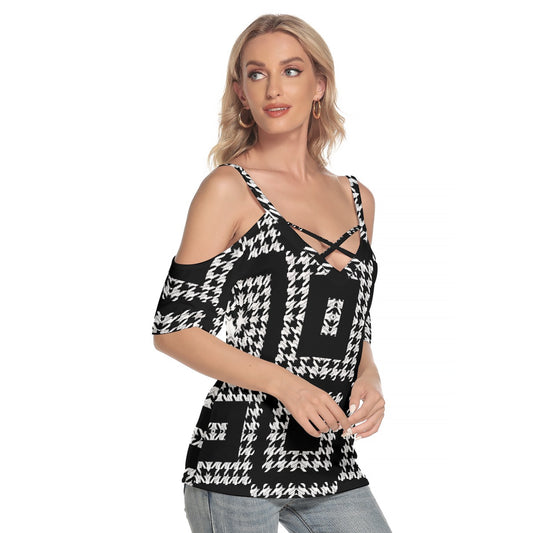 All-Over Print Women's Cold Shoulder T-shirt With Criss Cross Strips