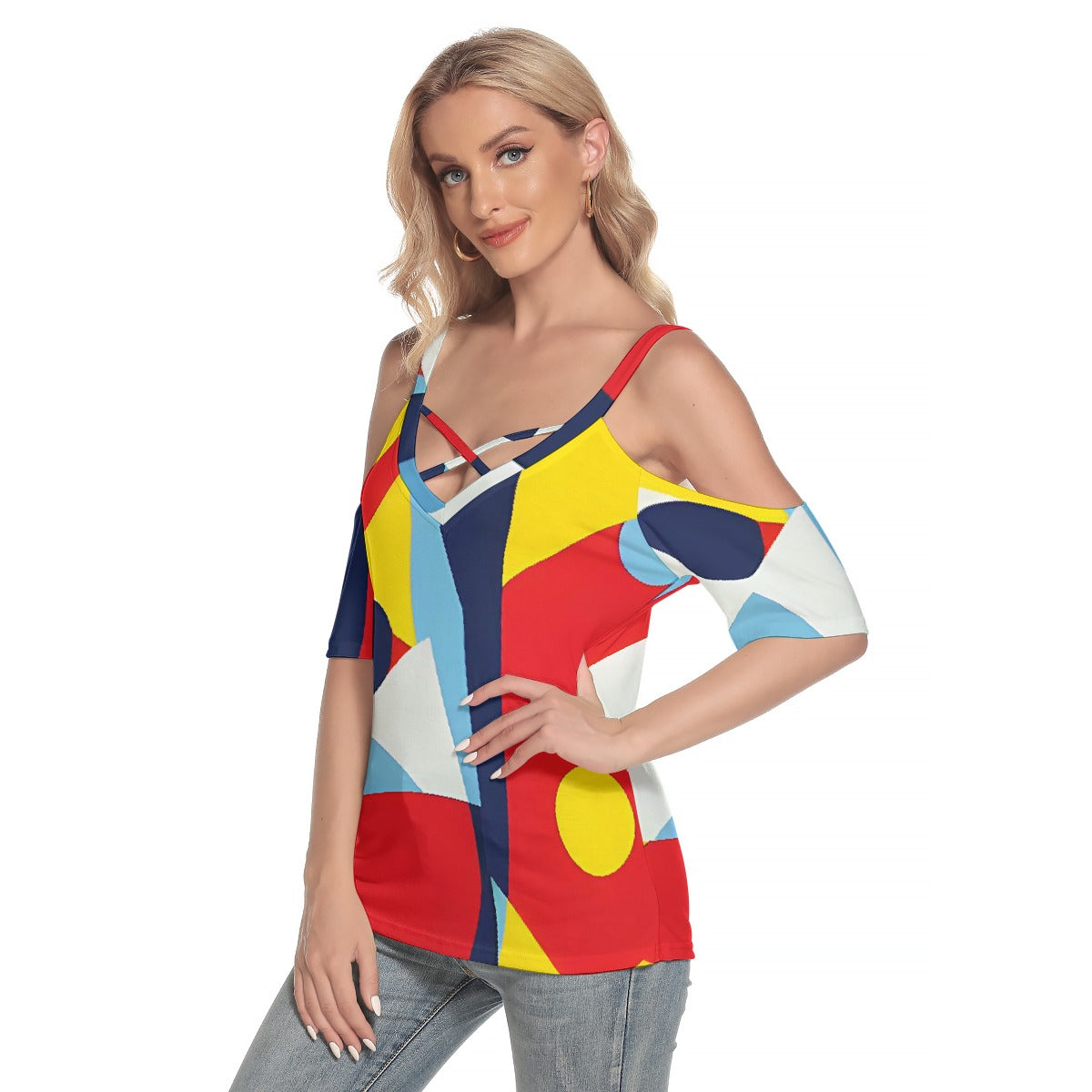 All-Over Print Women's Cold Shoulder T-shirt With Criss Cross Strips