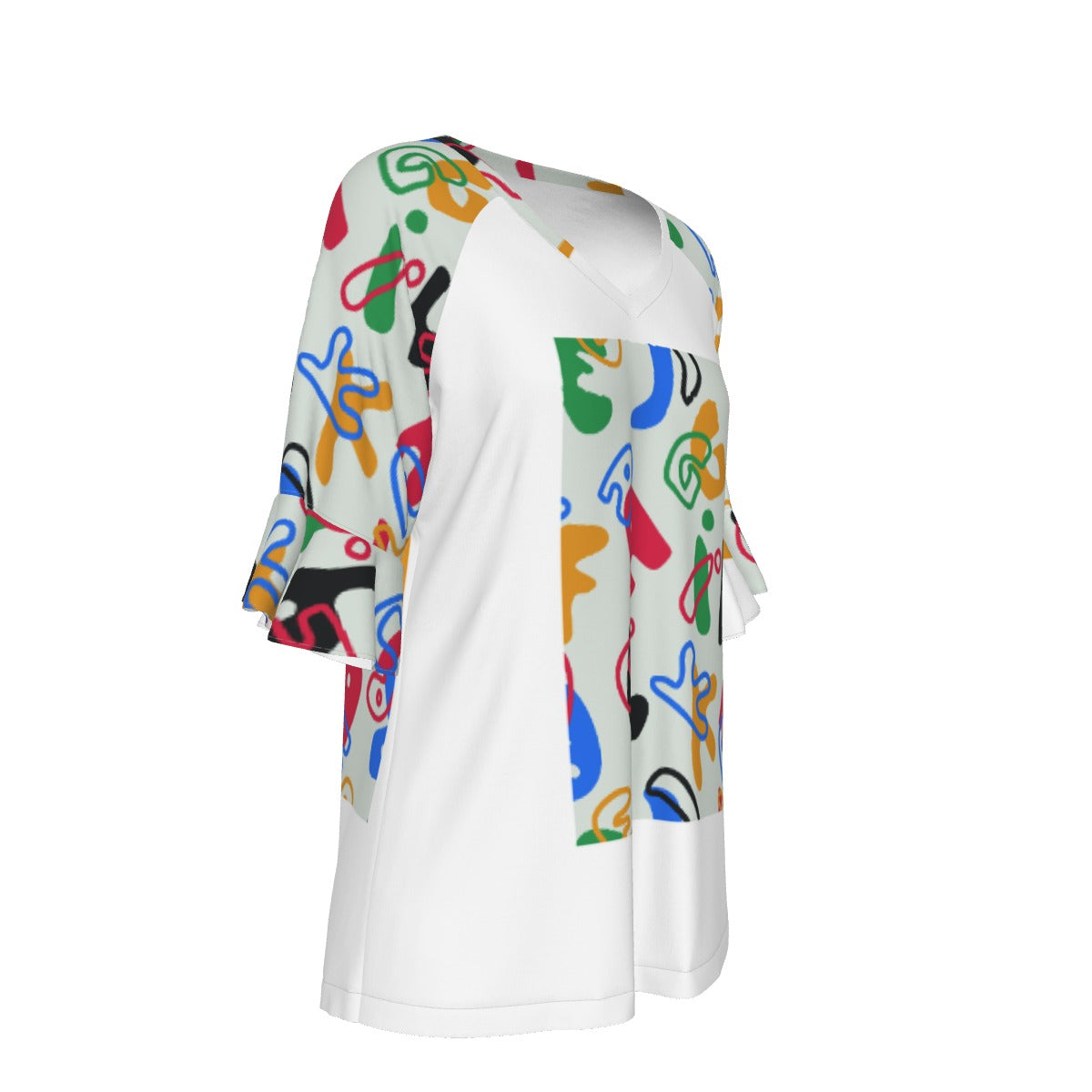 All-Over Print V-neck Women's T-shirt With Bell Sleeve